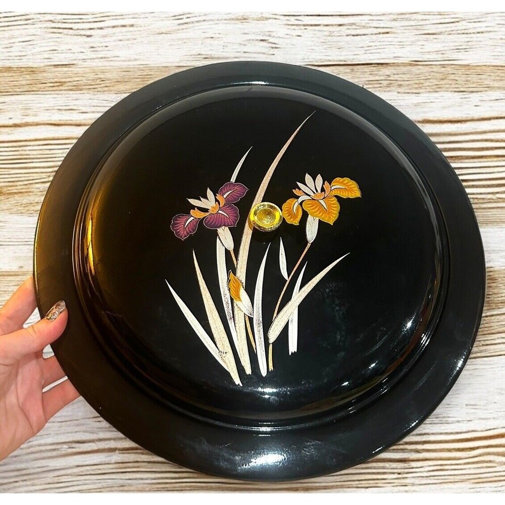 Vtg 80s Black Laquerware Iris Lidded Snack Server 6 Compartments Removable Tray